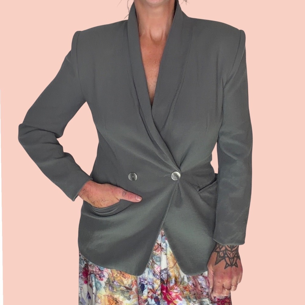 Vintage Braemer Jeremy Scott Wool Blazer Double Breasted Shawl Olive Gray 80s M